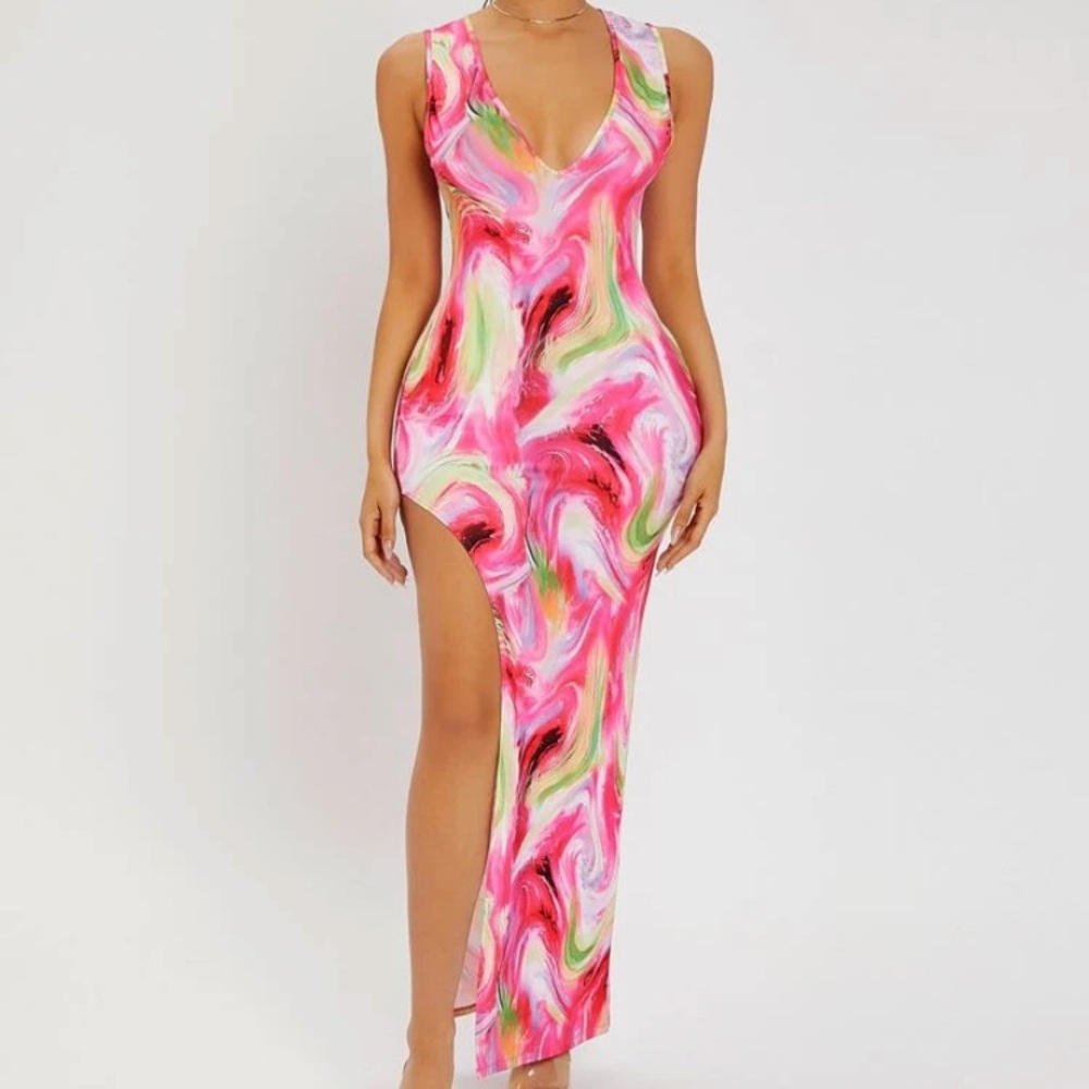 Marbled Print High Split Dress - image 1
